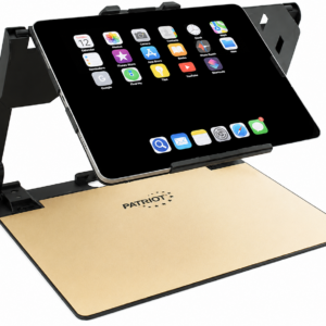 Tablet on adjustable stand with apps displayed.