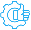 Blue gear with thumbs-up symbol